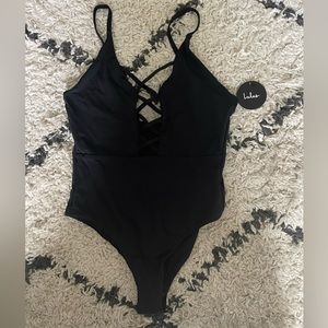 Lulu’s Myrtle Beach Black Lace-Up One Piece Swimsuit